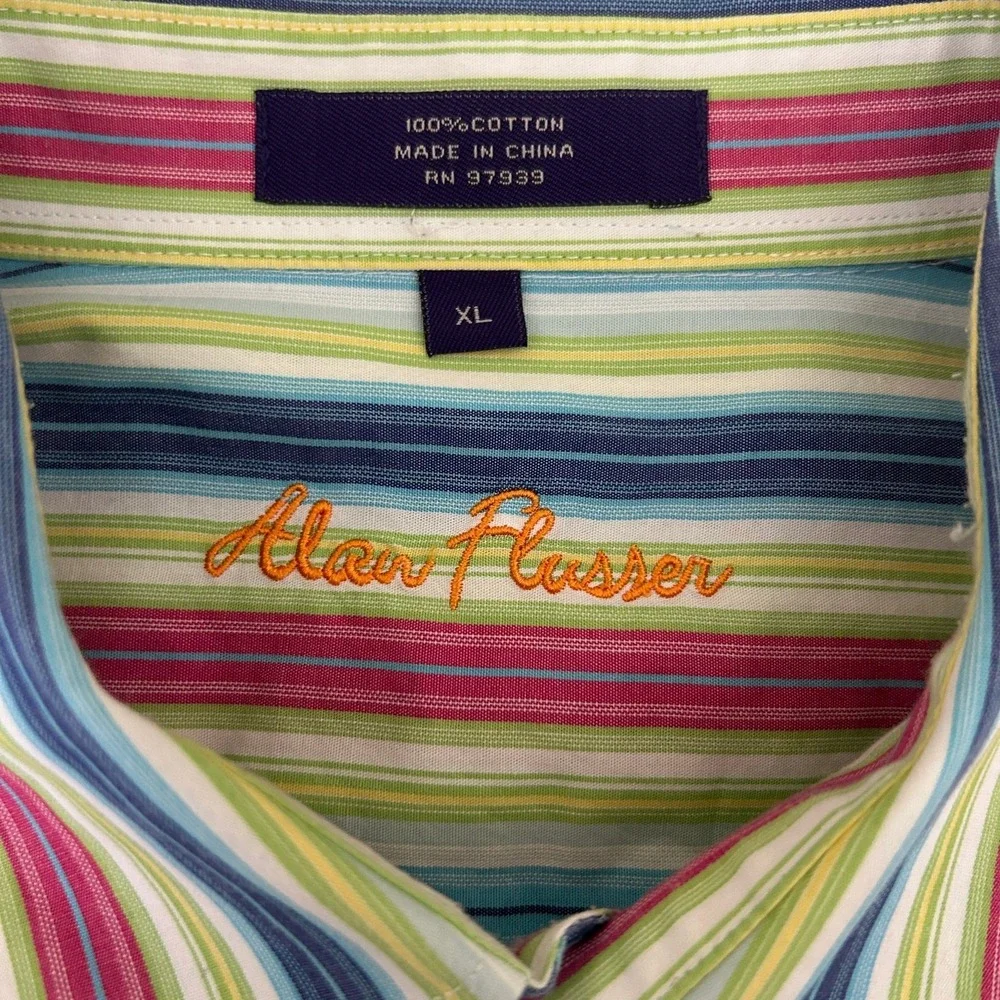 Alan Flusser Mens Shirt XL‎ Multicolored Striped Button Up Preppy Travel Office